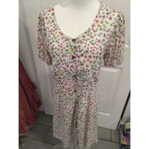 Sirenlily Floral Button Front Midi Dress Pink Yellow White V-Neck Size Medium